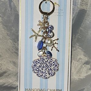 Shell Blue and White Charm Keychain Handbag Fob with Gold Accents Ocean Ti